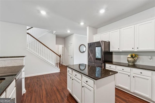 520 Edgemore Rd, Canton, GA 30114 - kitchen featuring appliances with stainless steel finishes, dark wood-style floors, white cabinetry, dark stone countertops, and recessed lighting