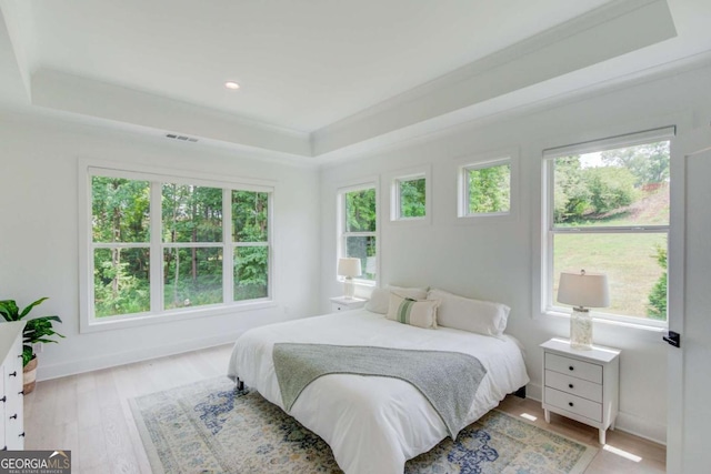 5306 Weeping Creek Trl, Flowery Branch, GA 30542 - bedroom featuring a tray ceiling, multiple windows, light wood-type flooring, and recessed lighting