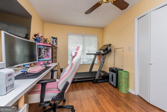 141 Stoneridge Dr, Warner Robins, GA 31088 - office area featuring ceiling fan, wood finished floors, and baseboards