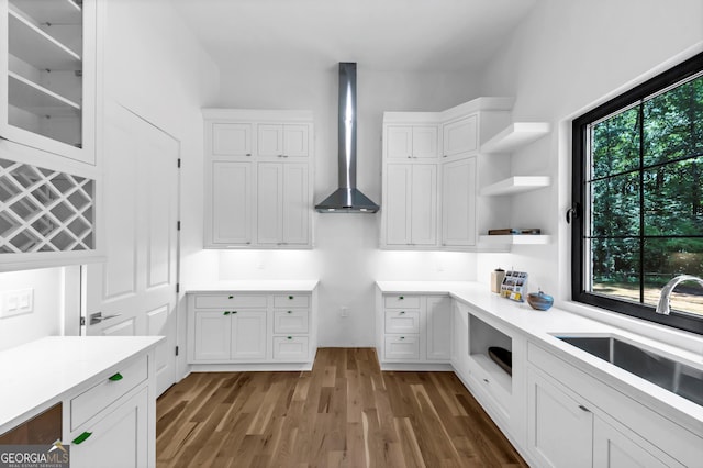 4235 Drew Campground Rd, Alpharetta, GA 30004 - kitchen featuring wall chimney range hood, white cabinets, light wood finished floors, and open shelves