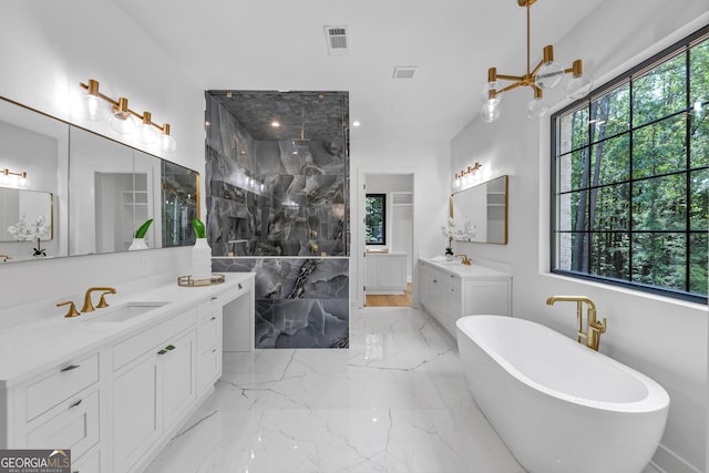 4235 Drew Campground Rd, Alpharetta, GA 30004 - bathroom with a marble finish shower, a soaking tub, two vanities, and marble tiled floors