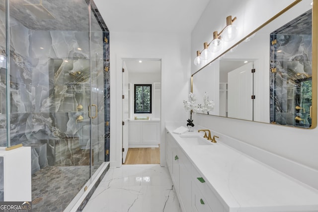 4235 Drew Campground Rd, Alpharetta, GA 30004 - bathroom with a marble finish shower, marble tiled flooring, and vanity