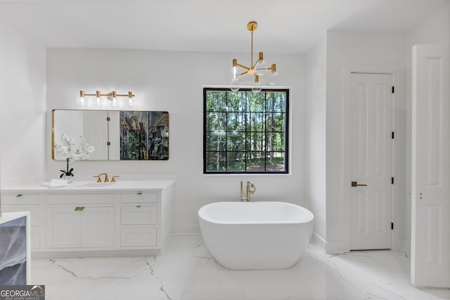 4235 Drew Campground Rd, Alpharetta, GA 30004 - full bath with vanity, a chandelier, a freestanding tub, and marble finish flooring