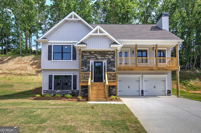 315 Arbor Cir, Rockmart, GA 30153 - view of front of home with stone siding, a front lawn, a garage, a chimney, and concrete driveway