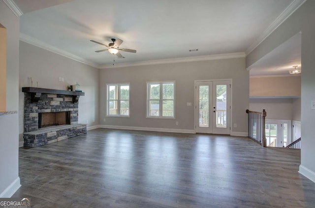 315 Arbor Cir, Rockmart, GA 30153 - unfurnished living room featuring ceiling fan, a fireplace, baseboards, dark wood-style flooring, and crown molding