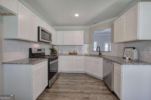 315 Arbor Cir, Rockmart, GA 30153 - kitchen featuring stainless steel appliances, a sink, ornamental molding, backsplash, and recessed lighting