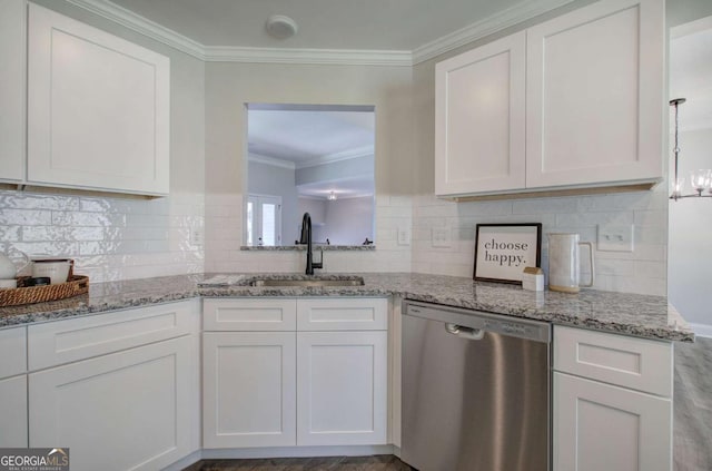 315 Arbor Cir, Rockmart, GA 30153 - kitchen with dishwasher, a sink, ornamental molding, white cabinets, and backsplash