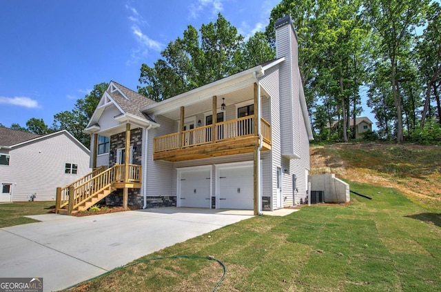 315 Arbor Cir, Rockmart, GA 30153 - view of front facade with an attached garage, a chimney, central AC unit, concrete driveway, and a front lawn