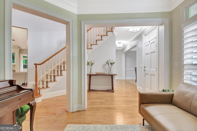 505 Lighthouse Ln, Peachtree City, GA 30269 - interior space featuring stairway, light wood-style floors, crown molding, and baseboards