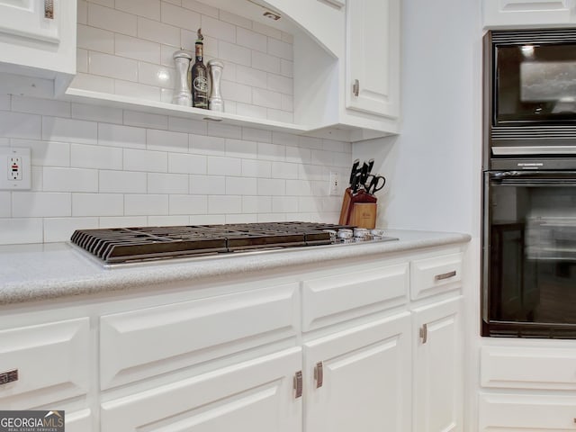 505 Lighthouse Ln, Peachtree City, GA 30269 - kitchen featuring black appliances, backsplash, white cabinets, light countertops, and open shelves