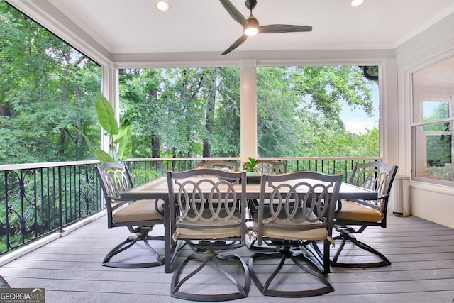 505 Lighthouse Ln, Peachtree City, GA 30269 - wooden terrace with outdoor dining space and ceiling fan