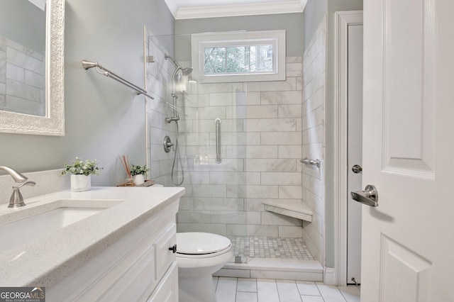505 Lighthouse Ln, Peachtree City, GA 30269 - full bathroom with crown molding, toilet, vanity, and a shower stall