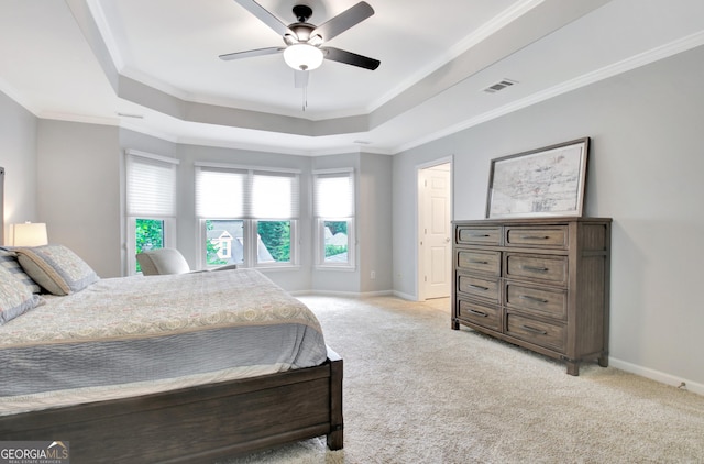 505 Lighthouse Ln, Peachtree City, GA 30269 - bedroom with a tray ceiling, light carpet, baseboards, ornamental molding, and ceiling fan