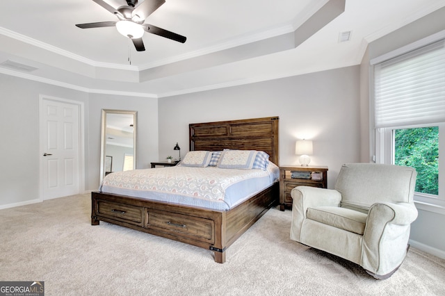 505 Lighthouse Ln, Peachtree City, GA 30269 - bedroom featuring light carpet, a raised ceiling, crown molding, a ceiling fan, and baseboards