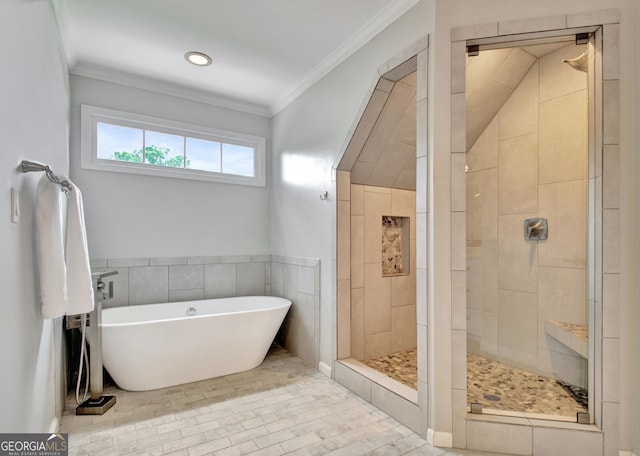 505 Lighthouse Ln, Peachtree City, GA 30269 - full bath featuring a freestanding tub, a shower stall, crown molding, and recessed lighting
