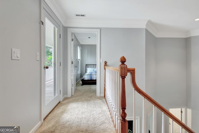 505 Lighthouse Ln, Peachtree City, GA 30269 - hall featuring an upstairs landing, carpet flooring, baseboards, and ornamental molding