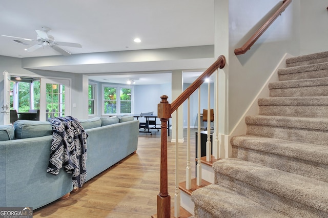 505 Lighthouse Ln, Peachtree City, GA 30269 - living room featuring stairway, light wood finished floors, a ceiling fan, and recessed lighting