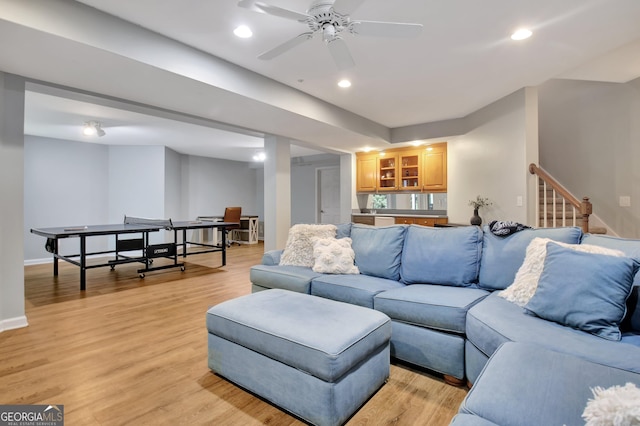 505 Lighthouse Ln, Peachtree City, GA 30269 - living room with light wood-style flooring, baseboards, a ceiling fan, recessed lighting, and bar area
