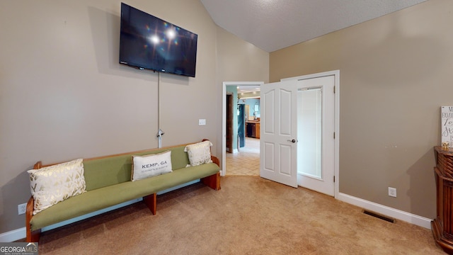 657 Halls Bridge Rd, Swainsboro, GA 30401 - living area featuring carpet, baseboards, and lofted ceiling