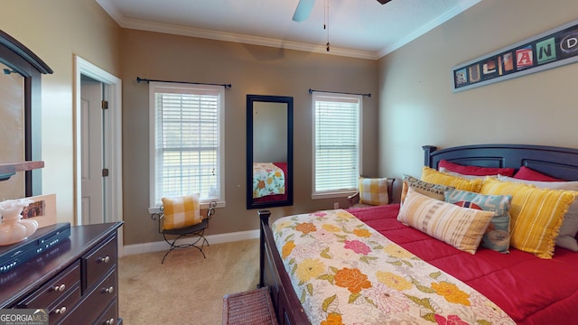657 Halls Bridge Rd, Swainsboro, GA 30401 - bedroom with carpet, multiple windows, crown molding, baseboards, and ceiling fan