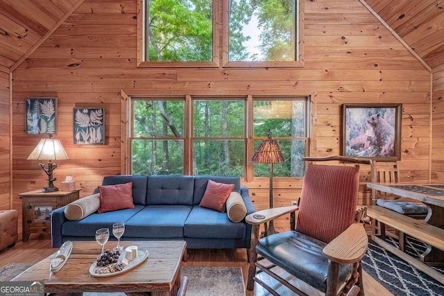 9 Dean Ct, Blue Ridge, GA 30513 - living room with vaulted ceiling, wooden walls, wood finished floors, plenty of natural light, and wooden ceiling