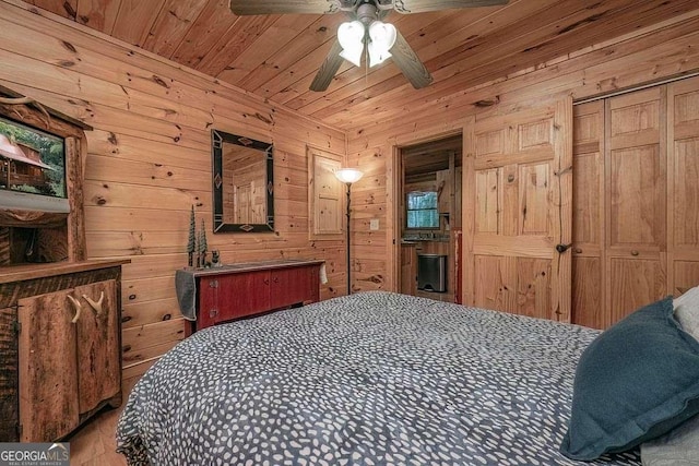 9 Dean Ct, Blue Ridge, GA 30513 - bedroom with wooden ceiling, wood walls, and a ceiling fan