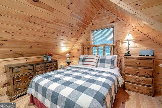 9 Dean Ct, Blue Ridge, GA 30513 - bedroom with wood walls, wood ceiling, light wood finished floors, and vaulted ceiling