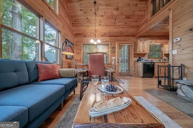 9 Dean Ct, Blue Ridge, GA 30513 - living area featuring wooden walls, high vaulted ceiling, wood finished floors, and a chandelier