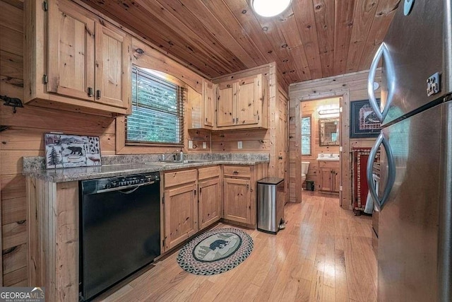 9 Dean Ct, Blue Ridge, GA 30513 - kitchen featuring dishwasher, freestanding refrigerator, wood ceiling, wood walls, and light wood finished floors