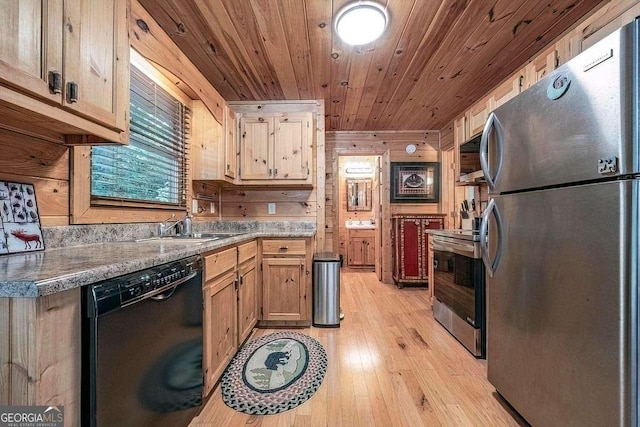9 Dean Ct, Blue Ridge, GA 30513 - kitchen with stainless steel appliances, a sink, wood ceiling, light wood-style flooring, and wood walls