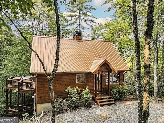9 Dean Ct, Blue Ridge, GA 30513 - chalet / cabin featuring a chimney, metal roof, and a deck