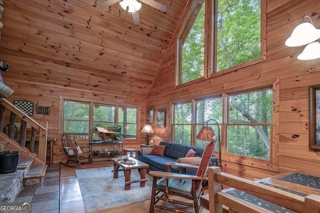 9 Dean Ct, Blue Ridge, GA 30513 - living room featuring high vaulted ceiling, wooden walls, stairs, plenty of natural light, and wooden ceiling