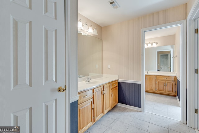 2230 Huntingdon Ct, Gainesville, GA 30506 - full bathroom with wallpapered walls, vanity, tile patterned flooring, and wainscoting