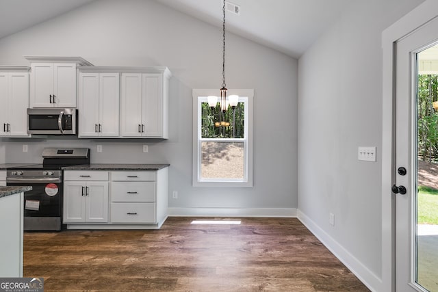 TRACT3 Georgia Highway 100, Buchanan, GA 30113 - kitchen featuring appliances with stainless steel finishes, lofted ceiling, white cabinets, dark wood finished floors, and a chandelier