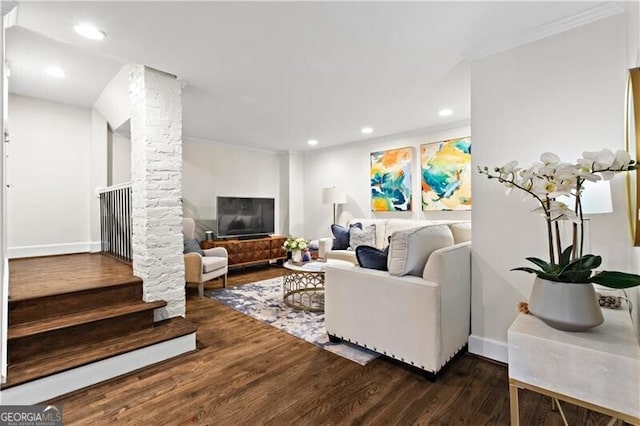 802 Frederica St NE Unit 5, Atlanta, GA 30306 - living room with wood finished floors, recessed lighting, baseboards, crown molding, and stairway