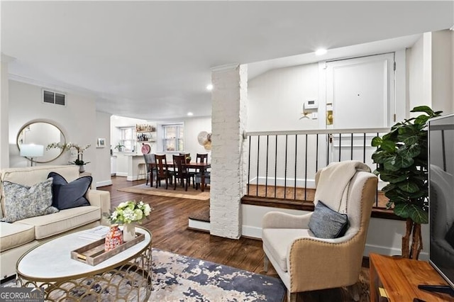 802 Frederica St NE Unit 5, Atlanta, GA 30306 - living area featuring wood finished floors, recessed lighting, decorative columns, and baseboards