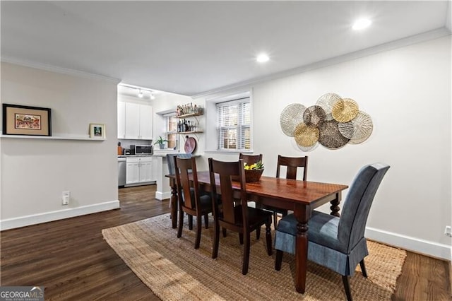 802 Frederica St NE Unit 5, Atlanta, GA 30306 - dining room with dark wood-style floors, baseboards, crown molding, recessed lighting, and rail lighting