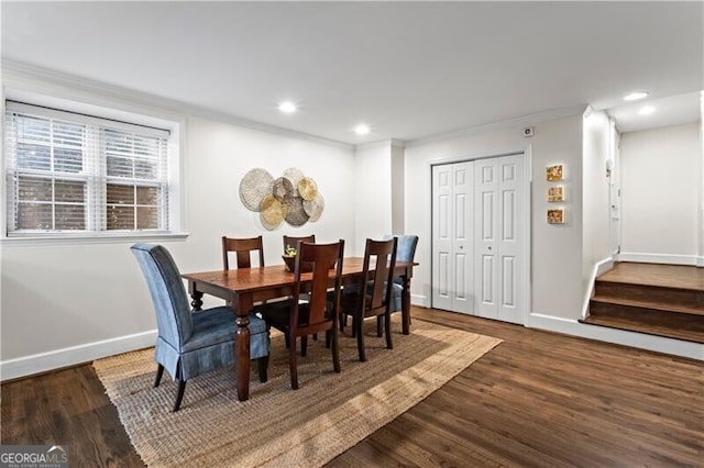 802 Frederica St NE Unit 5, Atlanta, GA 30306 - dining space with dark wood-type flooring, baseboards, stairs, recessed lighting, and ornamental molding
