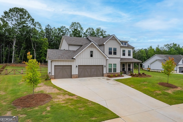 2884 Porches Ln, Dacula, GA 30019 - modern inspired farmhouse featuring board and batten siding, roof with shingles, concrete driveway, covered porch, and a garage