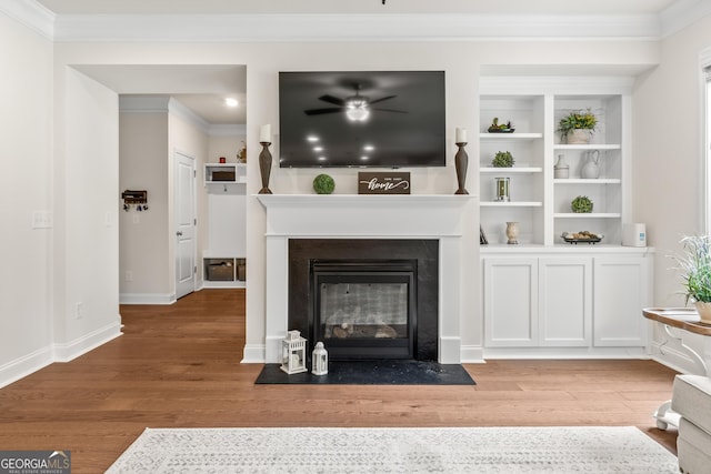 2884 Porches Ln, Dacula, GA 30019 - living area featuring crown molding, light wood-style flooring, a fireplace with flush hearth, built in features, and baseboards