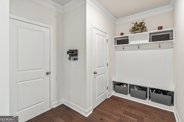 2884 Porches Ln, Dacula, GA 30019 - mudroom featuring dark wood-type flooring, crown molding, and baseboards