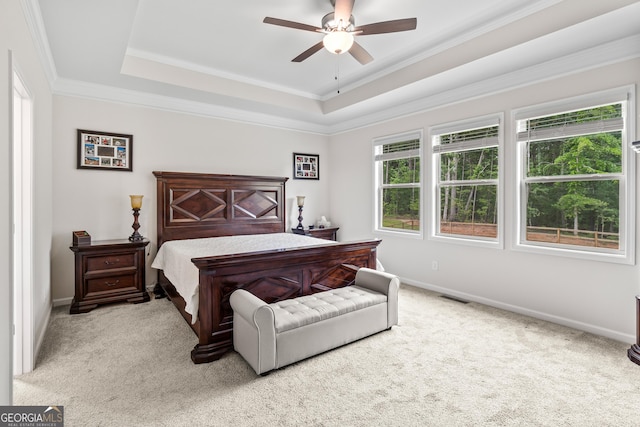 2884 Porches Ln, Dacula, GA 30019 - carpeted bedroom with a raised ceiling, crown molding, baseboards, and ceiling fan