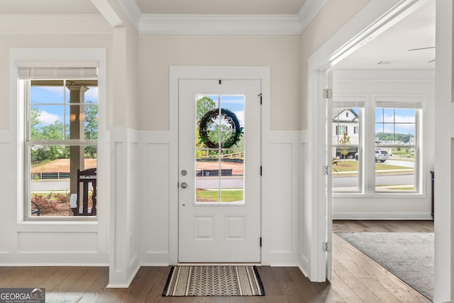 2884 Porches Ln, Dacula, GA 30019 - entrance foyer featuring ornamental molding, dark wood finished floors, wainscoting, plenty of natural light, and a decorative wall