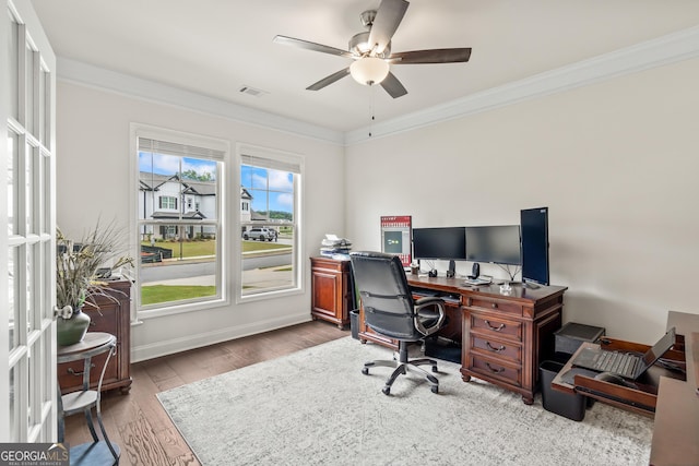 2884 Porches Ln, Dacula, GA 30019 - office space featuring crown molding, wood finished floors, a ceiling fan, and baseboards