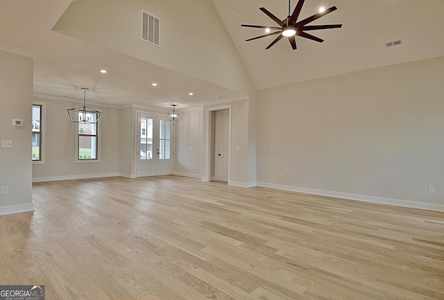 375 Werner Way, Senoia, GA 30276 - unfurnished room featuring a chandelier, light wood finished floors, recessed lighting, ceiling fan, and high vaulted ceiling