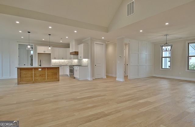 375 Werner Way, Senoia, GA 30276 - kitchen featuring stainless steel stove, open floor plan, light wood finished floors, recessed lighting, and vaulted ceiling