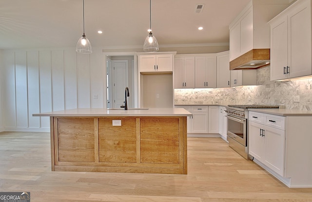375 Werner Way, Senoia, GA 30276 - kitchen featuring high end stainless steel range oven, a kitchen island with sink, decorative backsplash, light wood-style floors, and recessed lighting