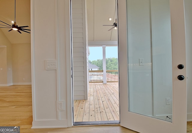 375 Werner Way, Senoia, GA 30276 - entryway with ceiling fan, wood finished floors, and lofted ceiling