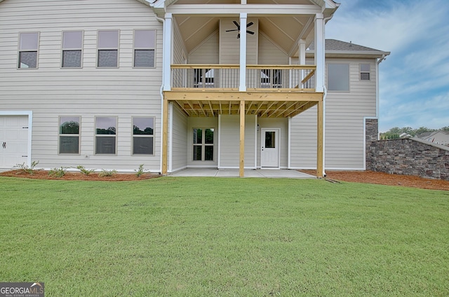 375 Werner Way, Senoia, GA 30276 - back of house with a lawn, a patio, a ceiling fan, and a garage