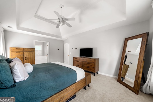 1205 Compass Pointe Xing, Alpharetta, GA 30005 - bedroom featuring a raised ceiling, light colored carpet, ceiling fan, baseboards, and ensuite bathroom